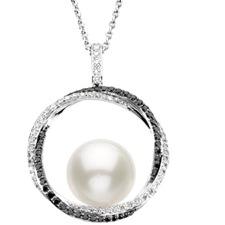 14K White Gold Necklace featuring South Sea Cultured Pearl with Black and White Diamonds