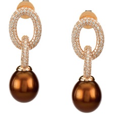 14K Rose Gold Earrings with Freshwater Cultured Chocolate Pearls and over 1 ctw Pave Diamonds
