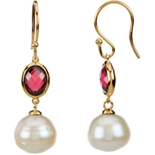 14K Yellow Gold Earrings with Freshwater Cultured Pearls and Rhodolite Garnets