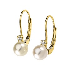 14K Yellow Gold Leverback Earrings with Cultured Pearls and Diamond Accent