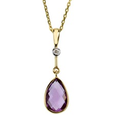 14K Yellow Gold and Amethyst Pendant with Diamond accents on 18 inch rope chain 