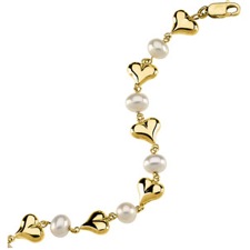 14K Yellow Gold Hearts and Pearls Bracelet